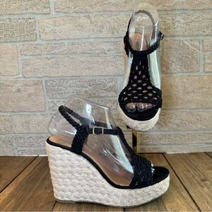 Steve Madden Manngo Woven Wedge Platform Heels Crochet Black / Women's Size 7.5